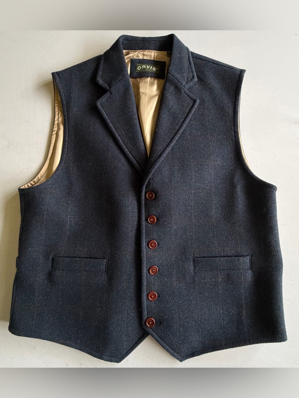 Orvis 100% Wool Waistcoat Vest Large Blue Herringbone Belted Lined With Pockets